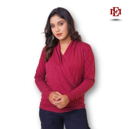 Esmore Women’s Stylish Cross Wrap Long Sleeve Top | Wine Red